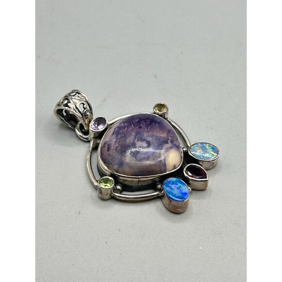 Multi Stone Pendant Sterling Silver 925 Purple Stone Opal and Garnet Handmade - Picture 3 of 6